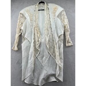 VTG FFC Jacket Womens S Beige LINEN OVERSIZED Embroidered Crochet Batwing Dolman